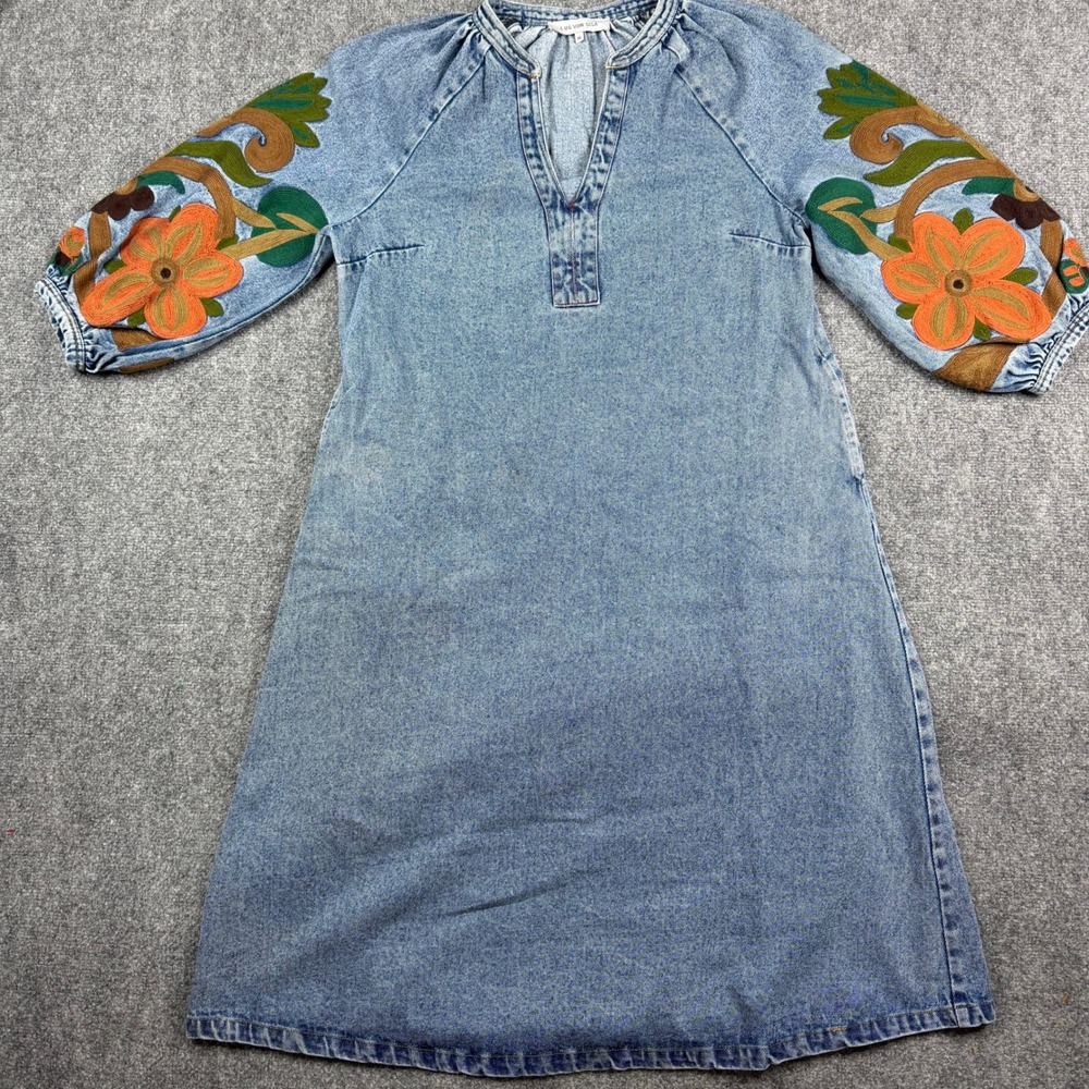 Lug Von Siga Tuckernuck Denim Dress Women M 38 Blue Embroidered Floral Boho Fall
